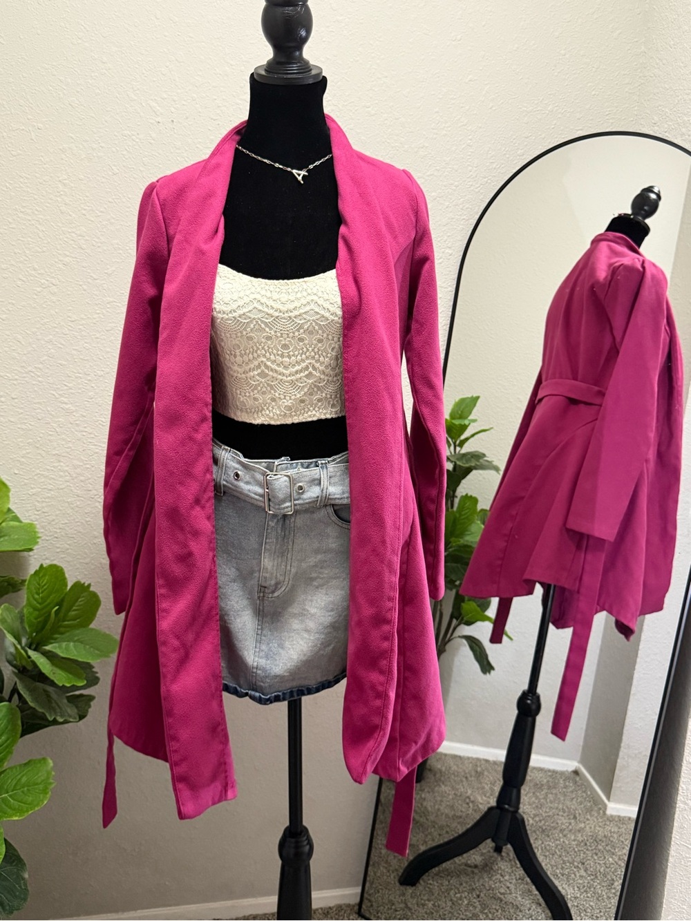 JustFab Fuchsia Open-Front Trench Coat with Self-Tie Belt